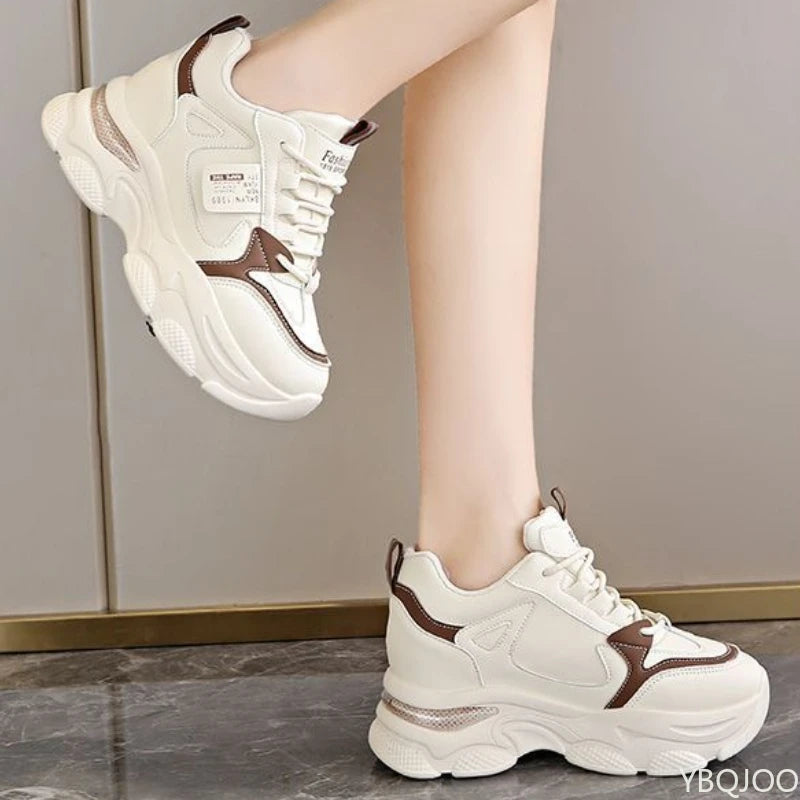 Women's lightweight white sports shoes with thick soles and height-increasing design, perfect for casual spring and autumn wear.