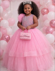Pink Beading Flower Girl Dress For Wedding Princess Ruffles Girls Birthday Party Kids Pageant Ball Gowns Customized