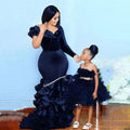 Navy blue mermaid evening gown with ruffles, sweep train, one long sleeve, elegant prom dress by Showlu Fashion Store.