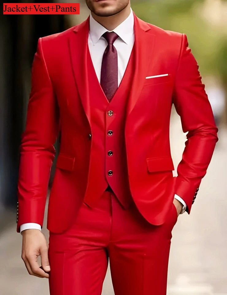 Black men's slim fit tuxedo suit set for weddings and formal occasions, featuring a tailored jacket and matching trousers.