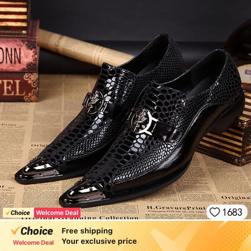 Showlu men's black snake grain genuine leather pointed toe dress shoes on a polished surface.