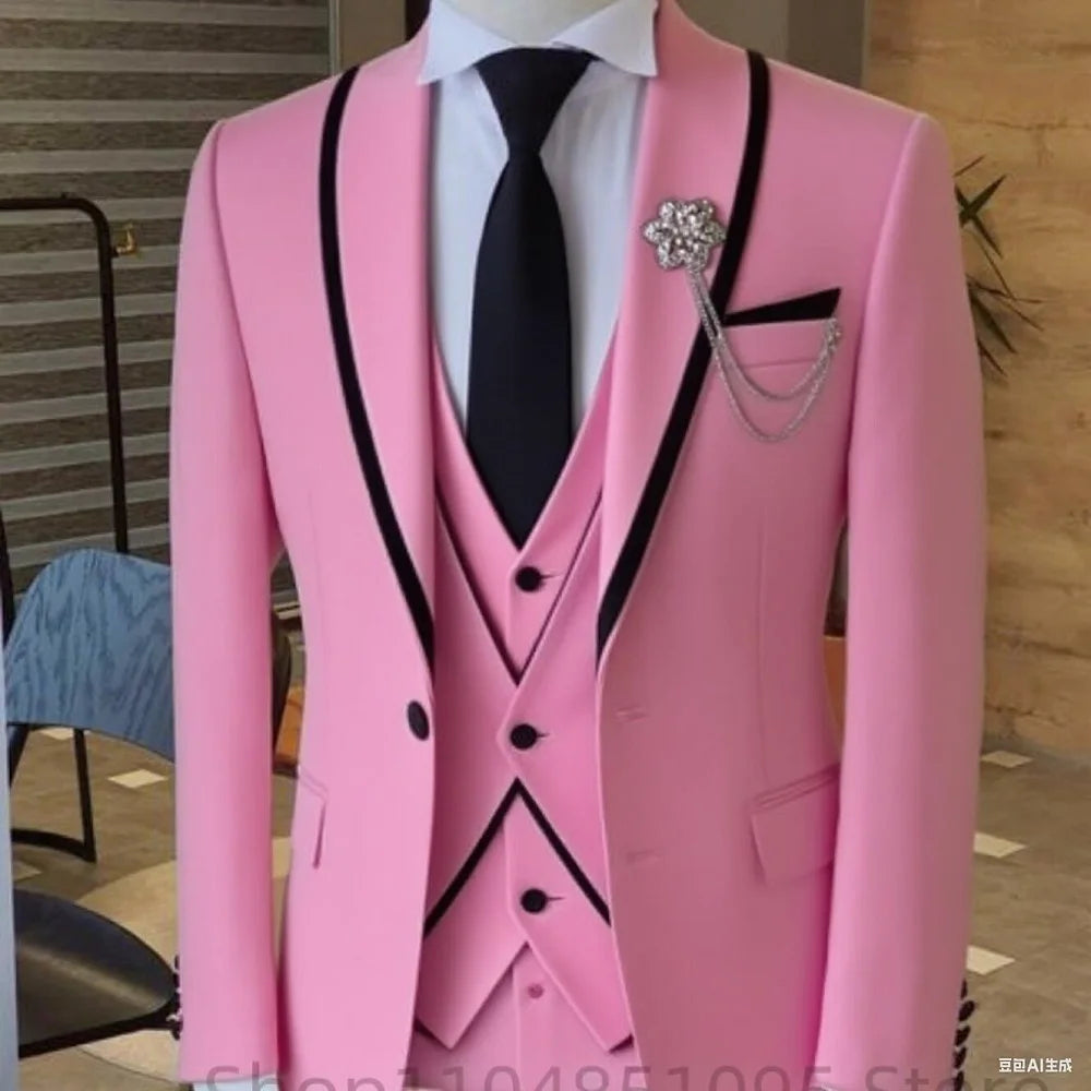 Men's solid slim fit 3-piece business suit set with blazer, vest, and pants, ideal for weddings and formal events, by Showlu Fashion.