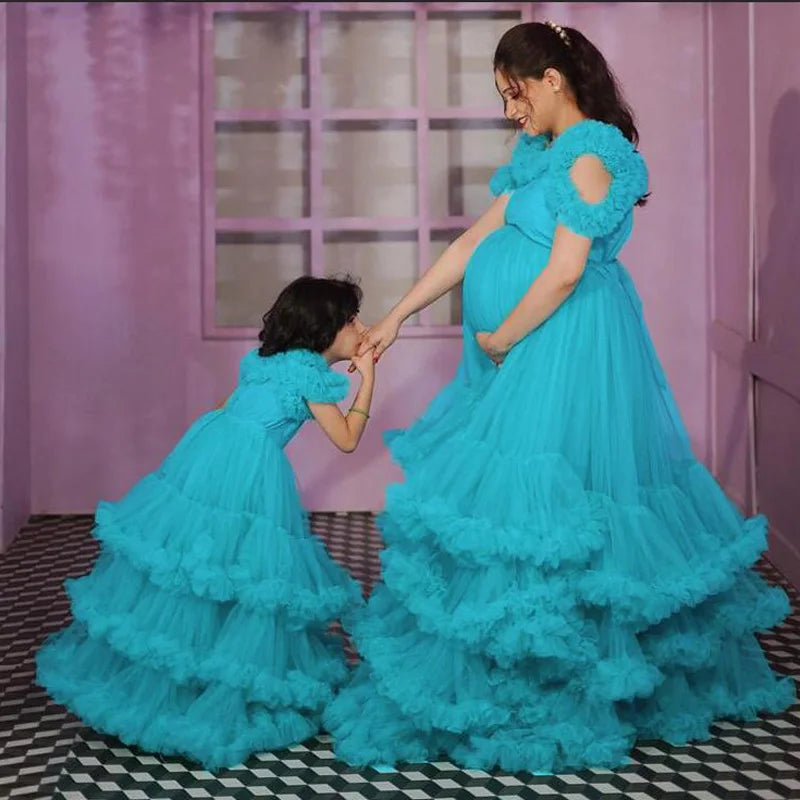 Showlu Fashion Mother and Daughter tulle prom dresses with ruffles and tiered mesh for baby showers and pregnant women.