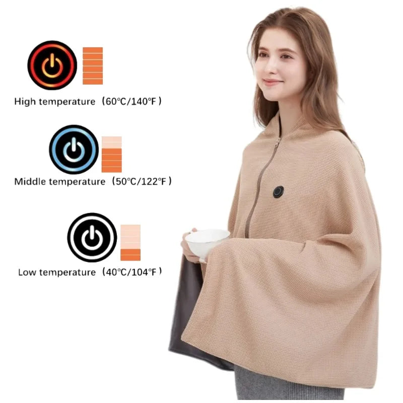 Showlu Smart General USB heated blanket shawl with 3-level electric warmth, shown draped over a person for cozy comfort.