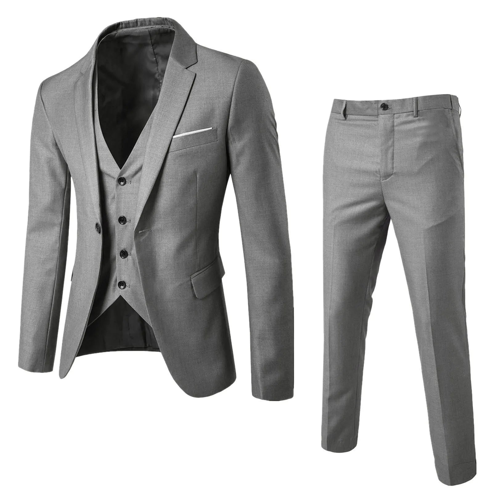 Showlu men's 3-piece slim fit business suit with solid cotton blend fabric, jacket, vest, and trousers on a hanger.