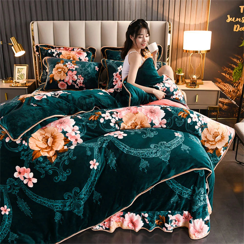 Thickened flannel bedding set by SHOWLU FASHION STORE featuring coral velvet quilt cover and matching pillowcases in a 4-piece set.