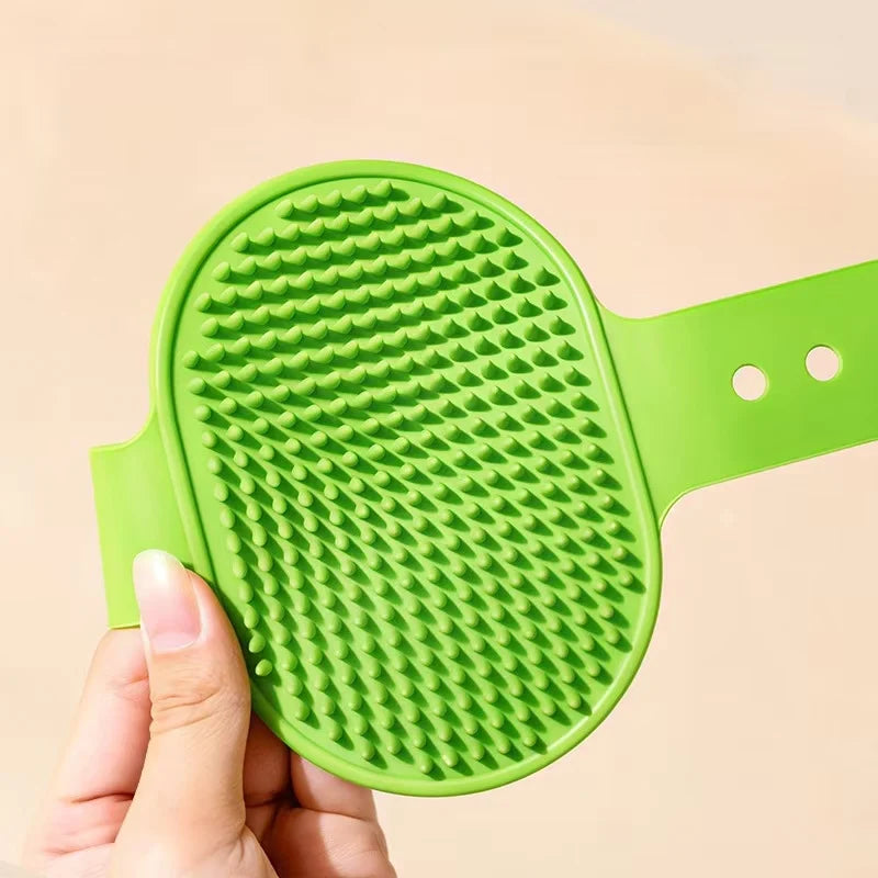 Silicone wall corner cat grooming brush for kittens and puppies, adjustable scratching and rubbing brush with self-cleaning feature.