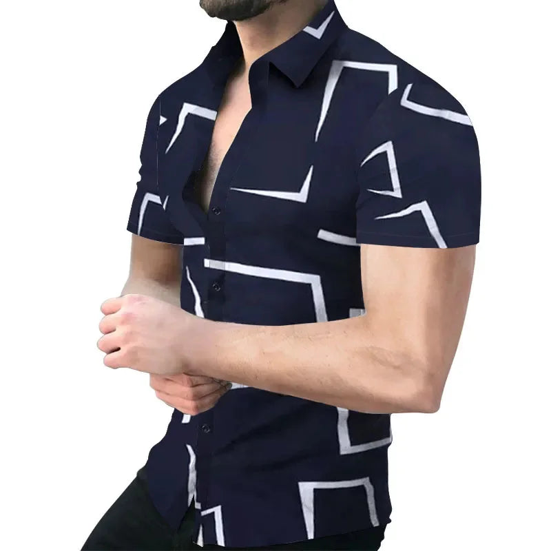 Men's 3D striped printed short sleeve shirt by Showlu Fashion, casual loose fit, modern 2023 style, featuring vibrant pattern and comfortable fabric.