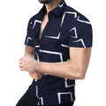 Men's 3D striped printed short sleeve shirt by Showlu Fashion, casual loose fit, modern 2023 style, featuring vibrant pattern and comfortable fabric.