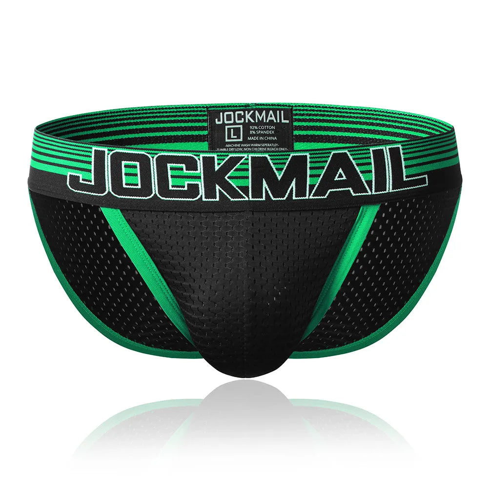 Men's Jockmail briefs by Showlu Fashion, male underwear with gay-friendly penis pouch and bikini-style fit in black fabric.