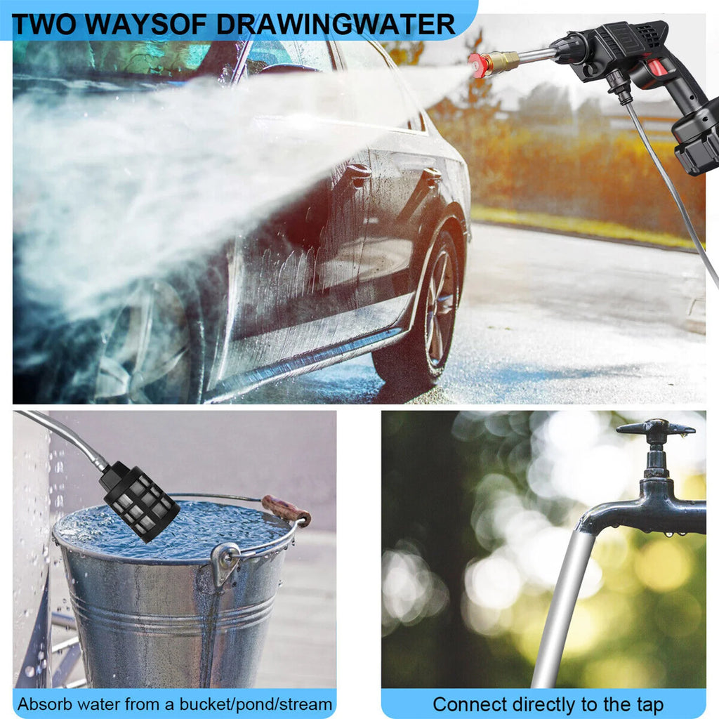 Showlu Smart General cordless pressure washer 48V with spray wand and nozzle, ready for outdoor cleaning tasks.