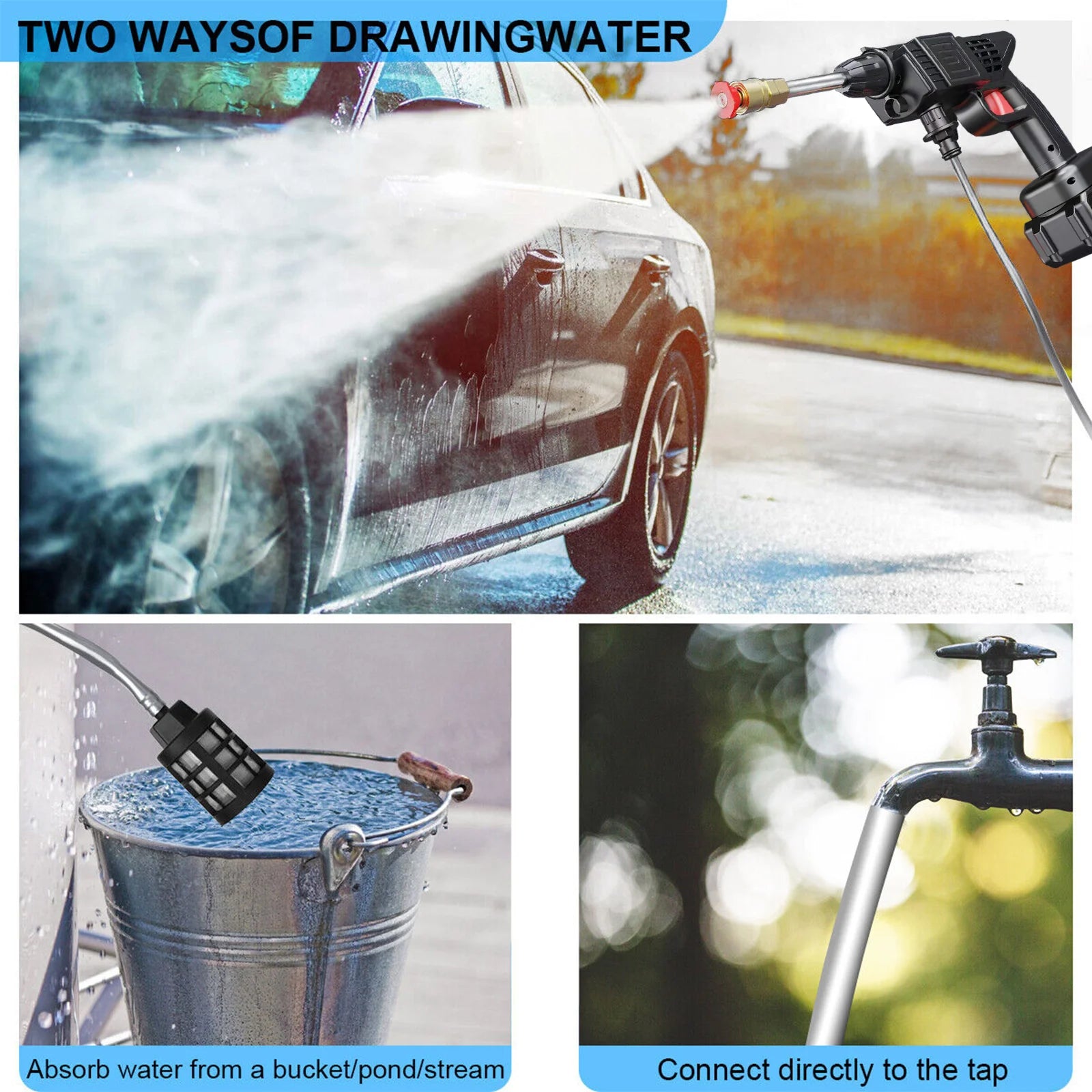 Showlu Smart General cordless pressure washer 48V with spray wand and nozzle, ready for outdoor cleaning tasks.