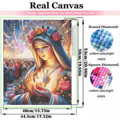 A diamond painting kit featuring the Virgin Mary with a floral crown and religious imagery.