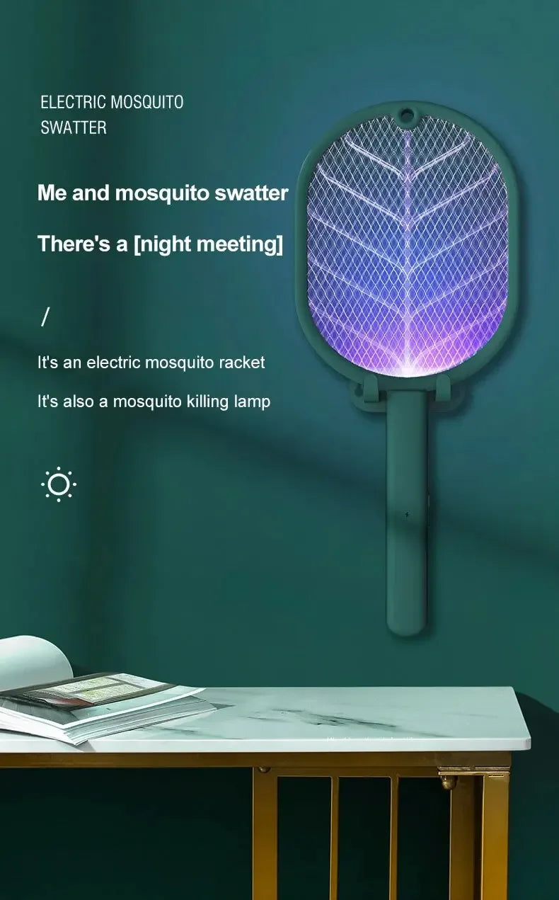 Showlu Smart General USB rechargeable electric mosquito swatter racket with metal grid and ergonomic handle, ready for outdoor use.