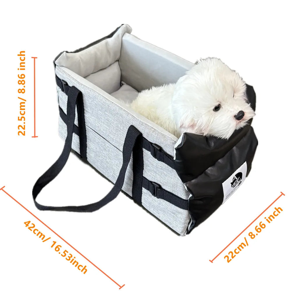 Showlu Fashion leather pet car seat with small dog travel bed, portable and comfortable for small dogs during car trips.