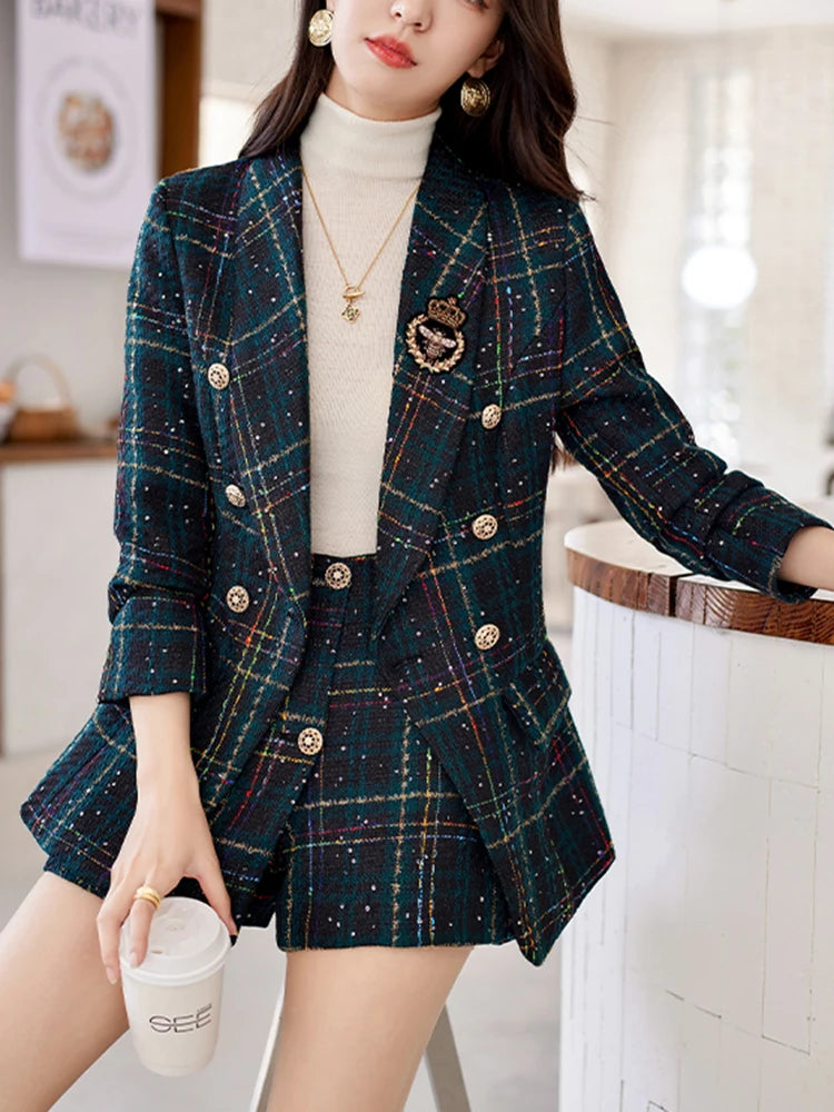 ZJYT Elegant Plaid Tweed Blazer Shorts Suits Autumn Winter Outfits for Women 2 Piece Business Chic Office Matching Set Plus Size SHOWLU FASHION STORE