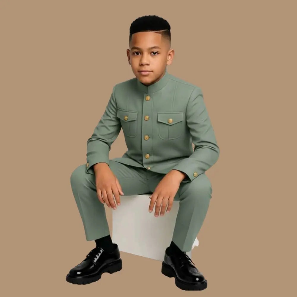 Safari Kids formal tuxedo 2-piece jacket and pants set by 1170uf-he, featuring a classic black tuxedo with a satin lapel.