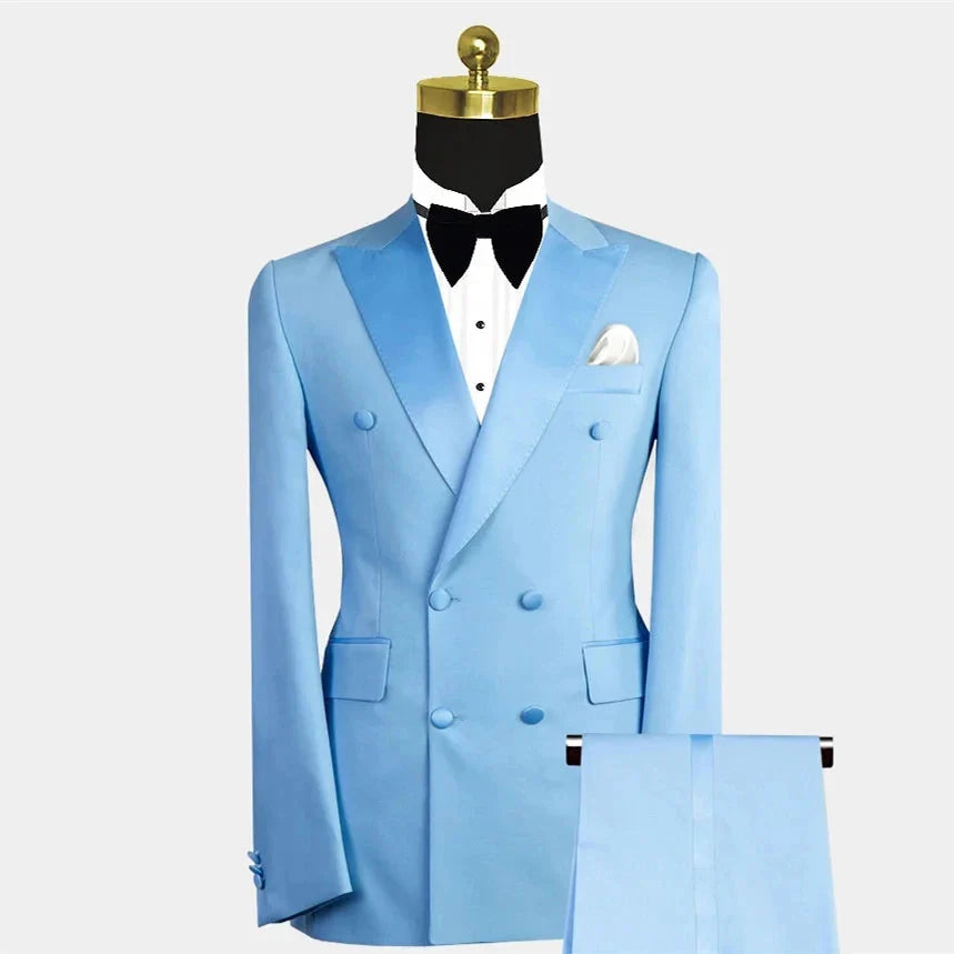 Blue double-breasted men's suit by SHOWLU FASHION, slim fit, two-piece design with tailored lapels and structured shoulders.