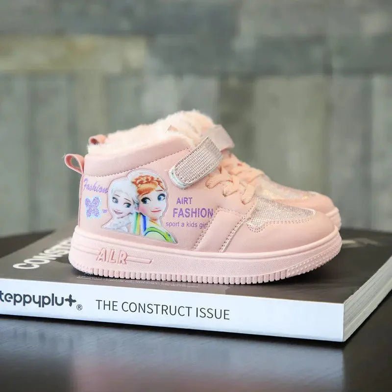 Pink Disney Frozen Elsa girls' winter snow boots with warm lining and ankle height, featuring Elsa design for girls' winter footwear.