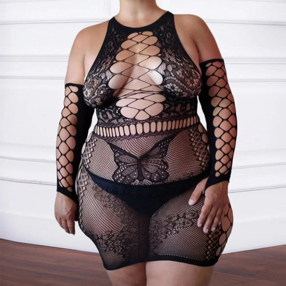 Plus size fishnet lingerie dress by SHOWLU FASHION with open cup halter design, mini dress style, featuring intricate fishnet pattern.