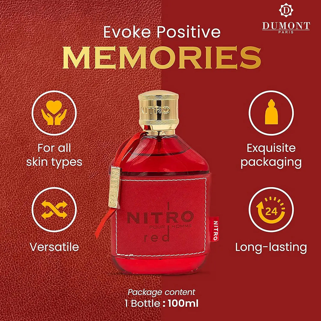 Nitro Red Eau De Parfum for Men by SHOWLU FASHION STORE, long-lasting woody fragrance bottle with sleek design.