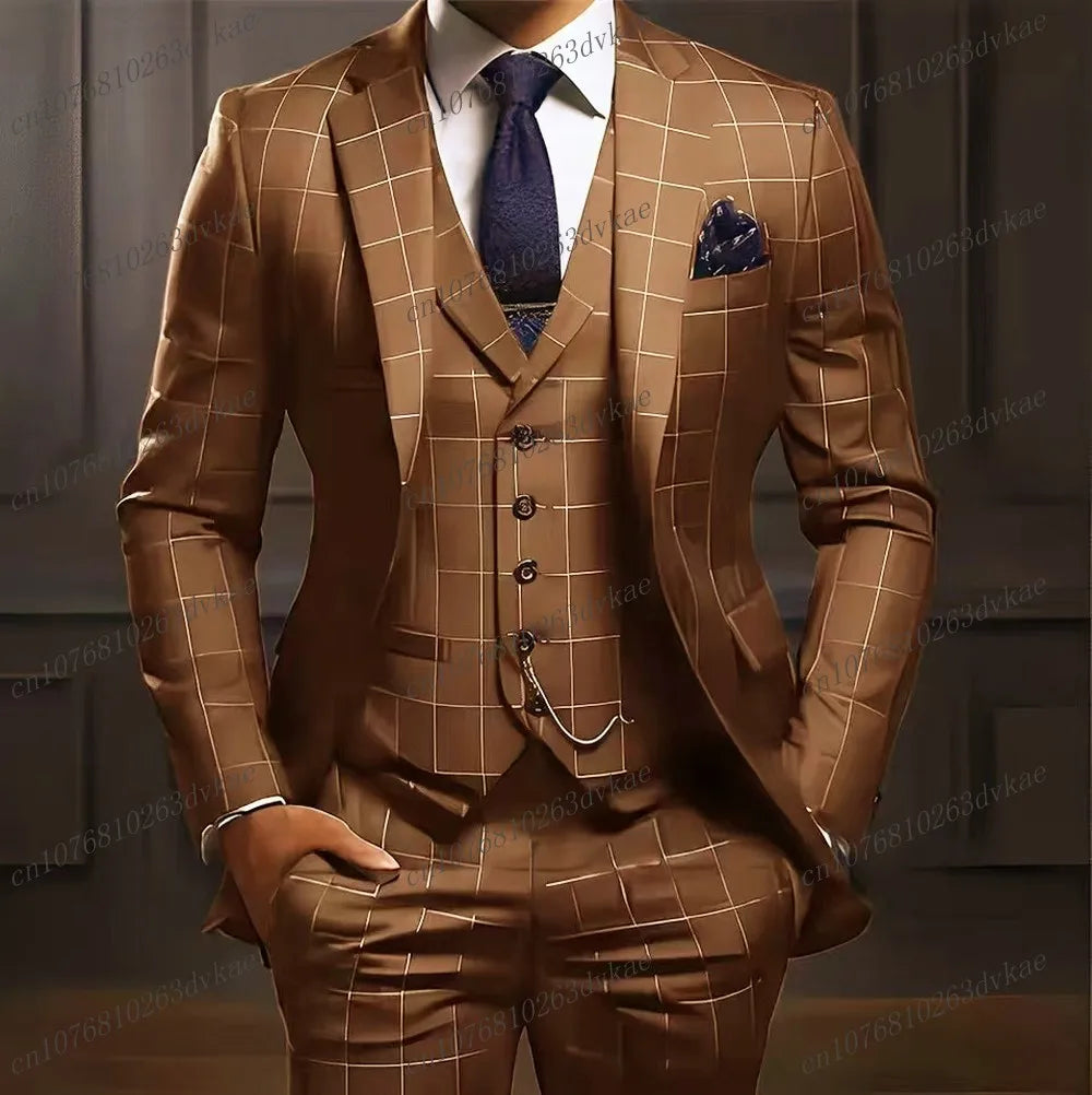 Navy blue plaid men's wedding suit with blazer, vest, and pants, formal 3-piece tuxedo for grooms and groomsmen, Showlu Fashion.