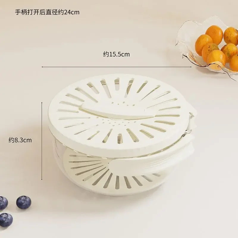 Showlu folding fruit drain basket and vegetable dehydrator storage box, with mesh sides and foldable design for kitchen use.