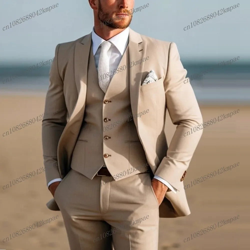 Orange men's formal suit set including blazer, vest, and pants, ideal for weddings, proms, and business occasions.
