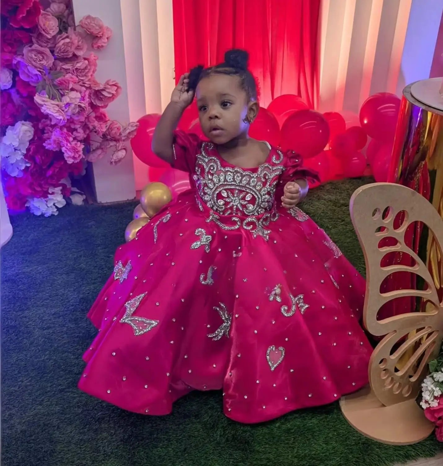 Hot Pink Girl's Birthday Party Dresses Customized Beading Ballgown Flower Girl Dress for wedding Princess Baby Kids Pageant Gown