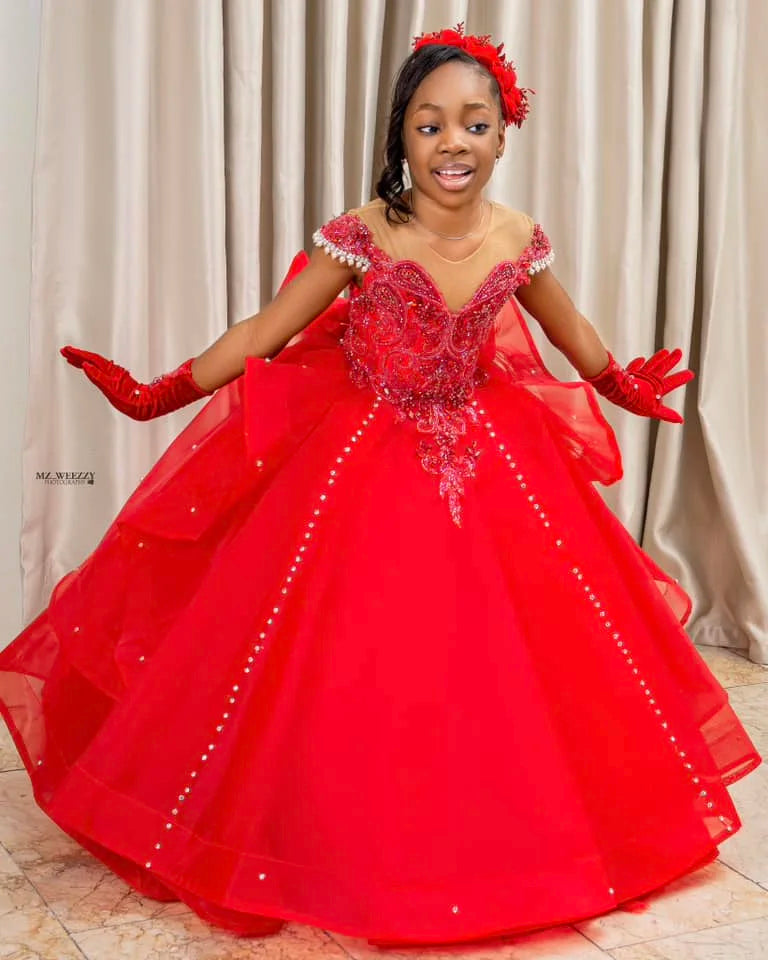 Red African flower girl princess birthday dress with floral details, sleeveless design, and elegant ruffle accents by 1170uf-he.