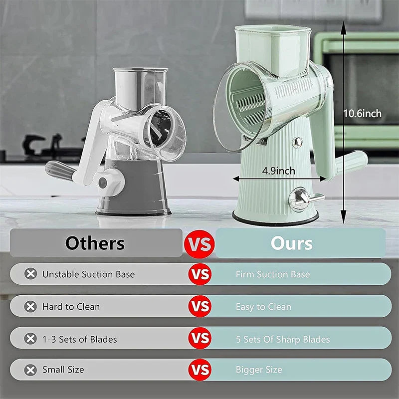 Stainless steel LMETJMAC 5-in-1 rotary cheese grater and mandoline slicer with multiple blades for versatile food prep.