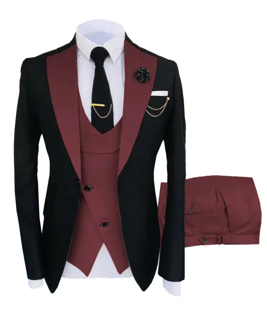 Black men's slim fit business suit with jacket, pants, and vest, ideal for formal weddings and occasions.