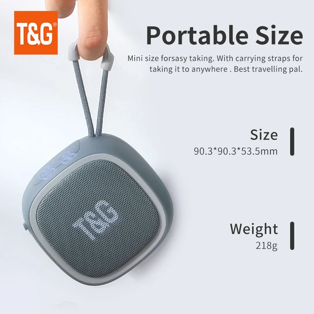 Mini Bluetooth speaker in black with compact design, showing textured surface and control buttons for portable audio playback