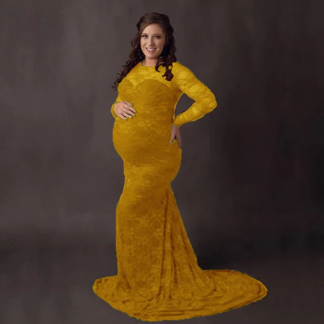 Showlu Lace Maternity Photography Dress with boat neck and long train, elegant gown perfect for maternity photoshoots.