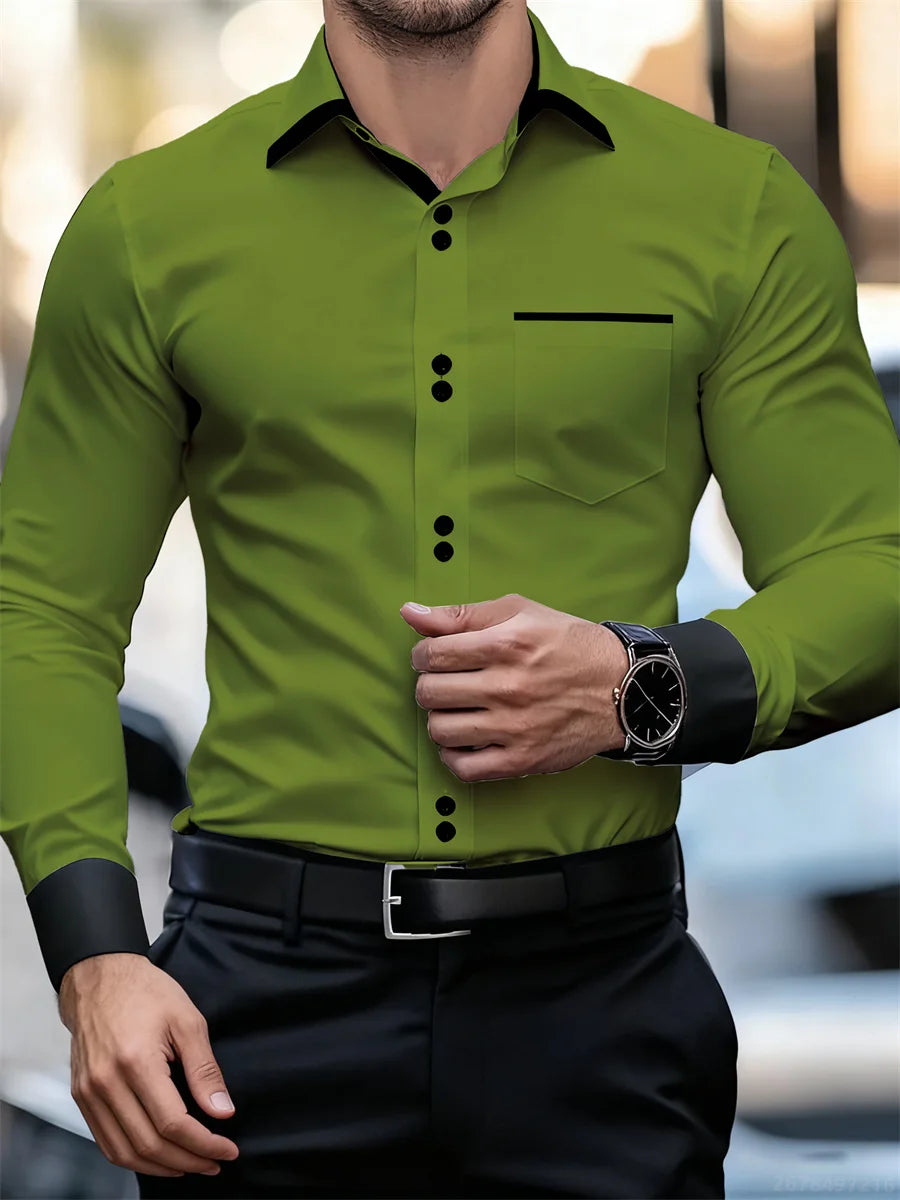 Men's black and white color block collar long sleeve shirt with slim fit, wrinkle-free patchwork design from Showlu Fashion.
