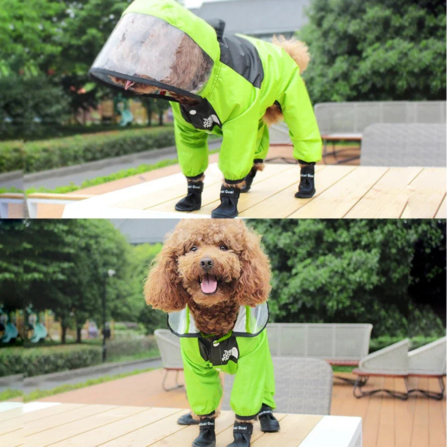 Transparent waterproof dog raincoat with hood, polyester jumpsuit by Showlu Fashion Store, designed for outdoor protection.