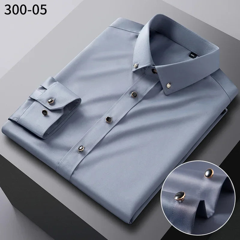 Men's long sleeve silk shirt by Showlu Fashion with diamond buttons, anti-wrinkle, soft, and formal business style.