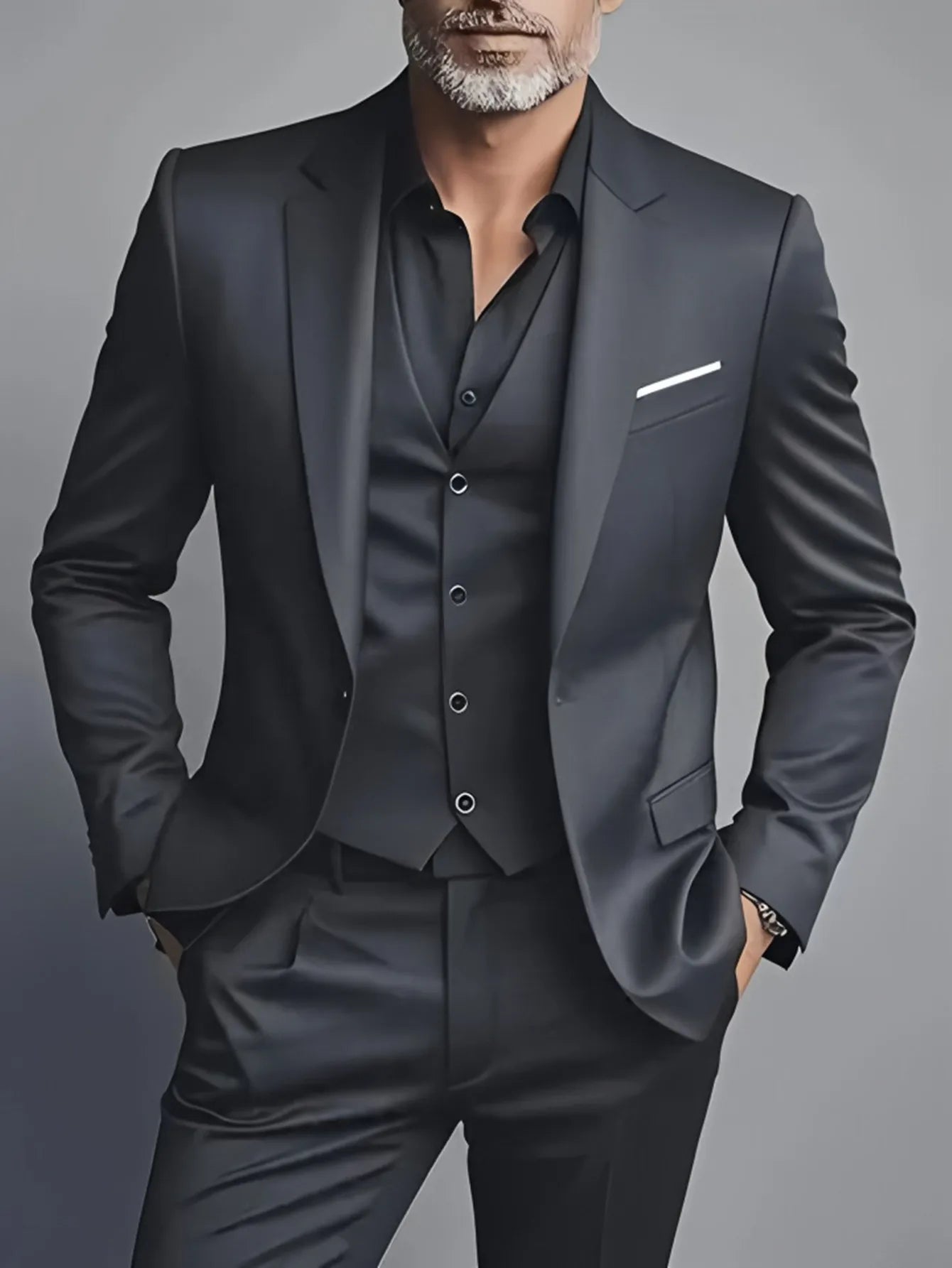 Elegant men's slim fit black tuxedo suit set for weddings and formal occasions, featuring a tailored jacket and matching trousers.