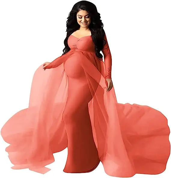Deep V-neck tulle maternity dress with lace and feather details, long sleeves, suitable for photo shoots and special occasions.