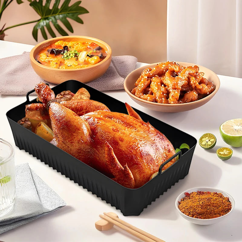 Silicone air fryer basket by Showlu Smart General with non-stick surface and vented design for even cooking.