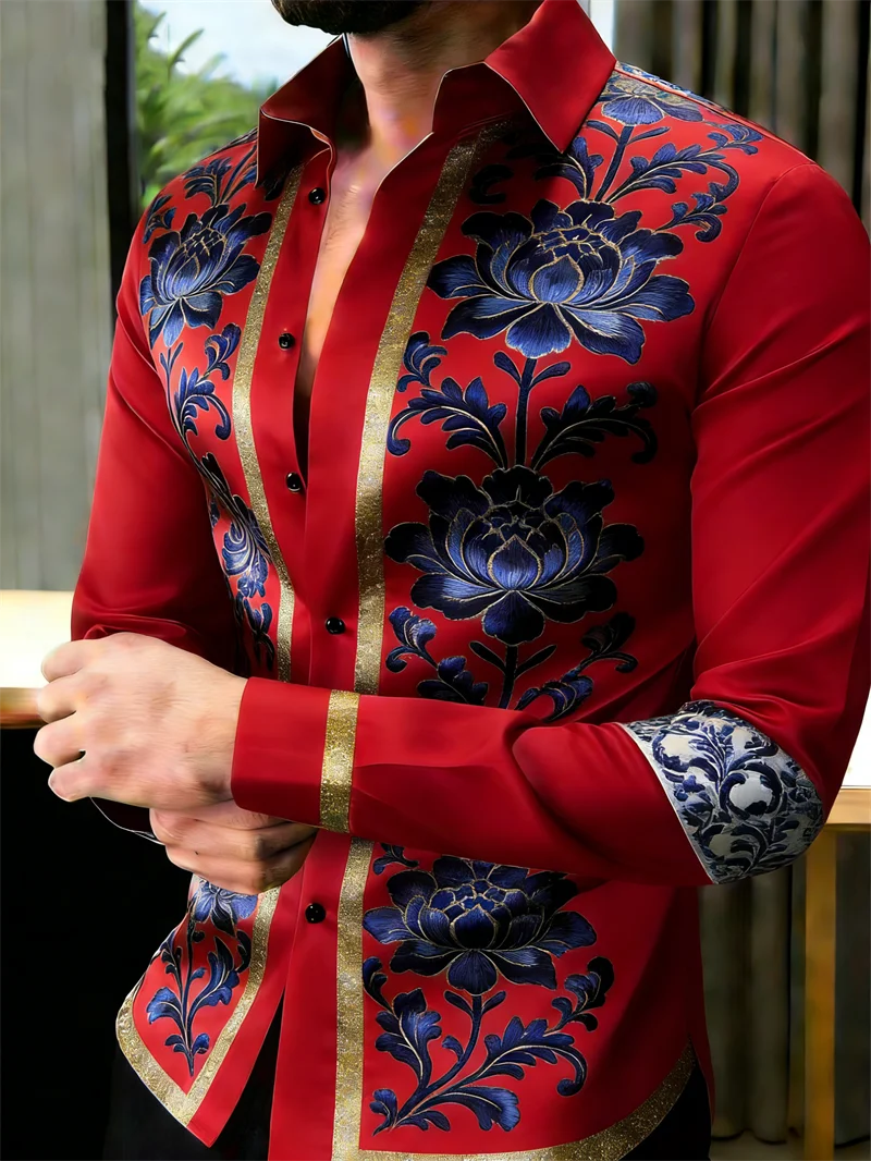 Men's long sleeve floral pattern shirt with 3D print in 11 colors, casual lapel top by Showlu Fashion Store
