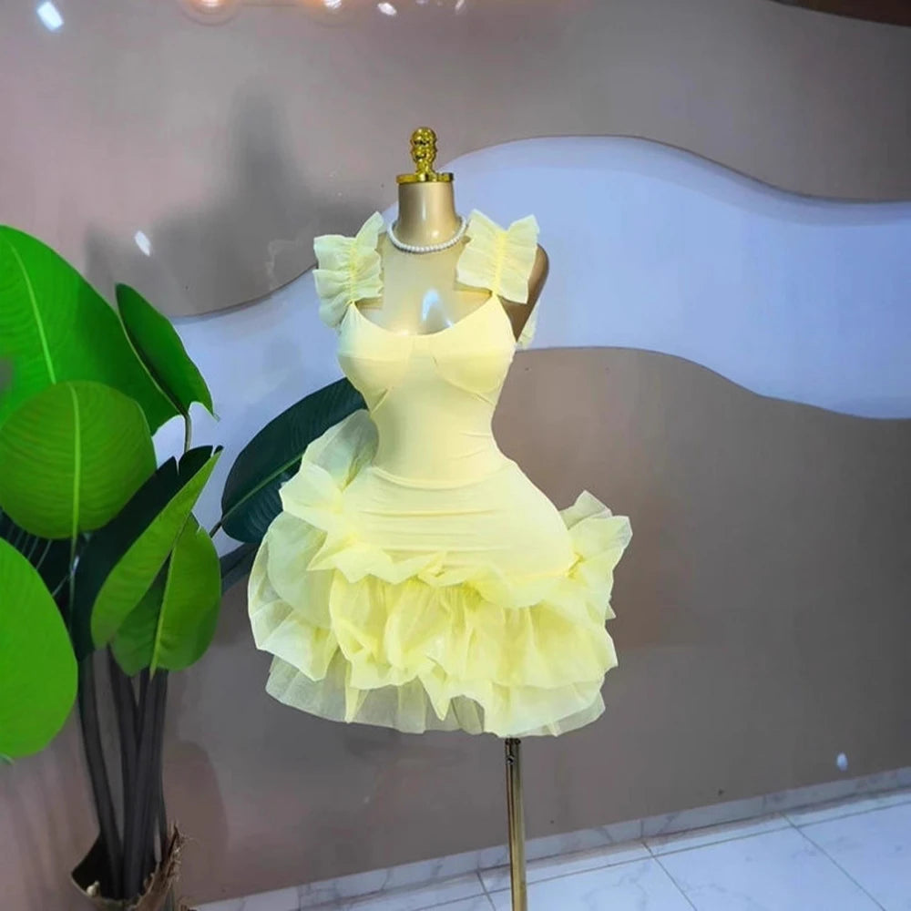 Luxury ruffled u-neck mini dress by Showlu Smart General featuring sexy elegance and a stylish design perfect for special occasions.