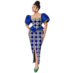 Africa Ankara Printed Women's Dress Short Sleeve Patchwork Square Neck Bubble Sleeve Split Dresses 2425186