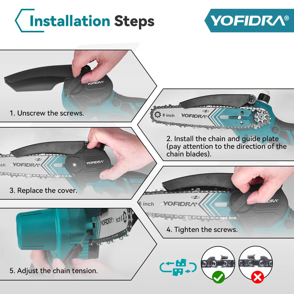 Yofidra 6-inch electric chainsaw by Showlu Smart General, showing the black and orange chainsaw with a silver blade and handle.