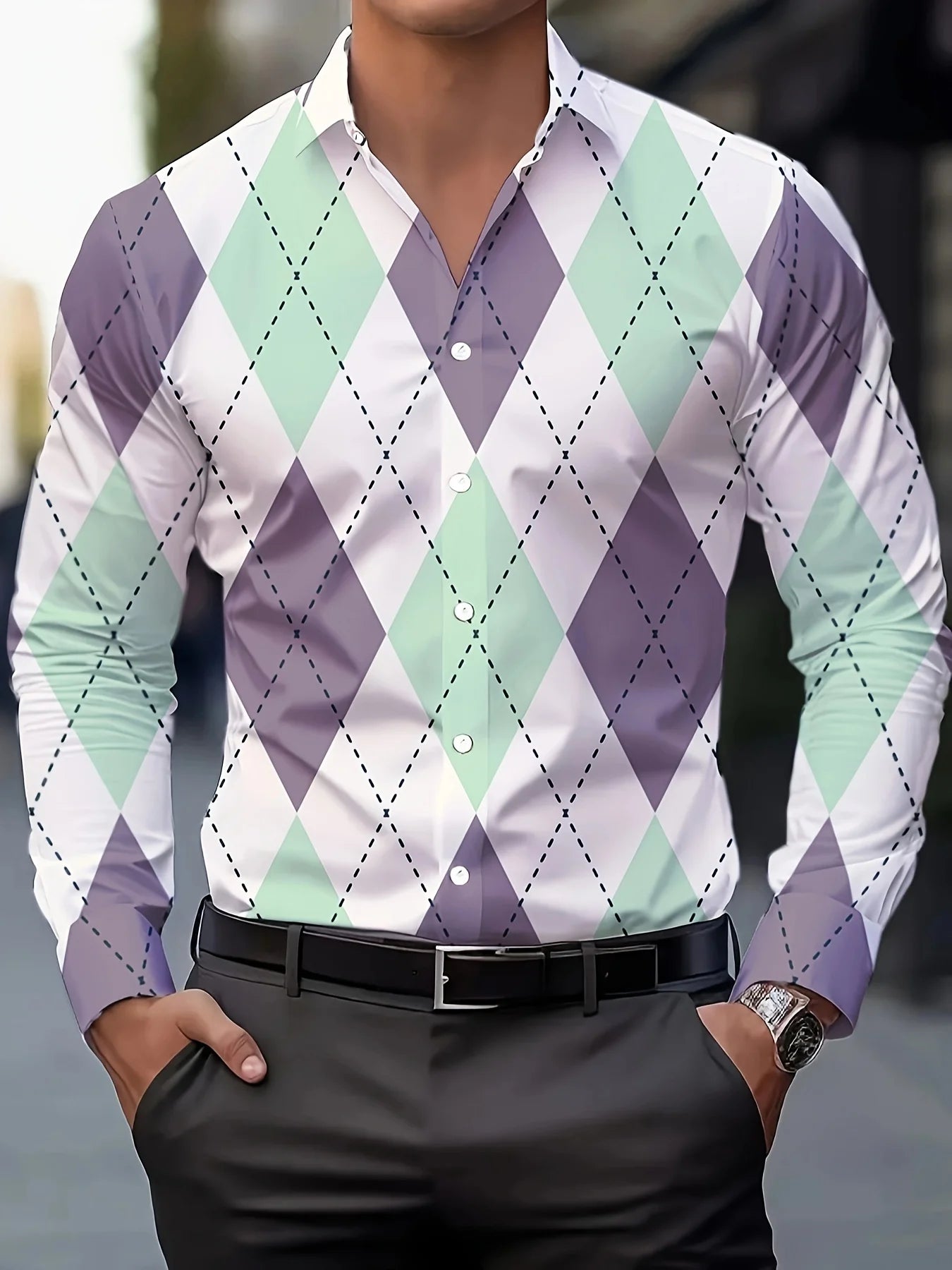 Men's stylish casual long sleeve shirt by Showlu Fashion with breathable fabric, gradient design, turn-down collar, ideal for business or casual wear.
