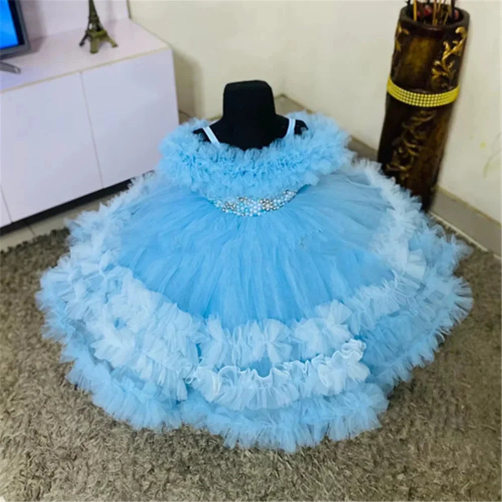 Lovely Pink Customized Flower Girl Dress For Wedding Sleeveless With Bow Beading Puffy Kids Birthday Party First Communion Gown