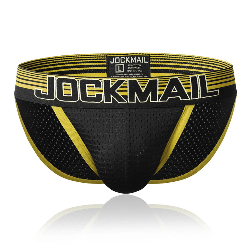 Showlu Fashion men's underwear briefs with a gay penis pouch, bikini style, in black, designed as men's tanga slip or underpants.