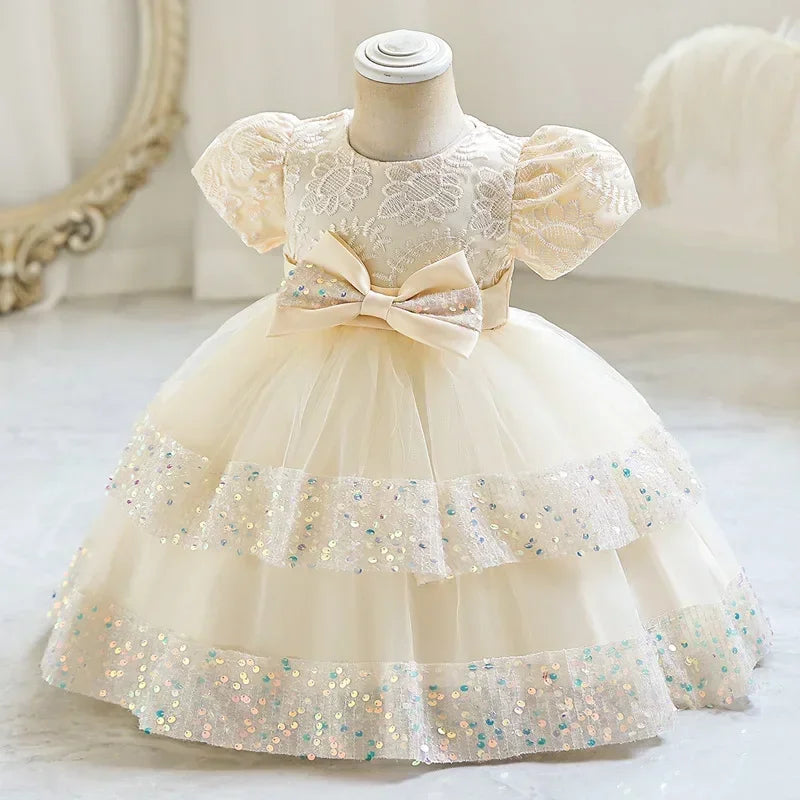 Girls lace bow party dress by Showlu Fashion Store, short sleeve summer ball gown with a delicate lace bow detail.