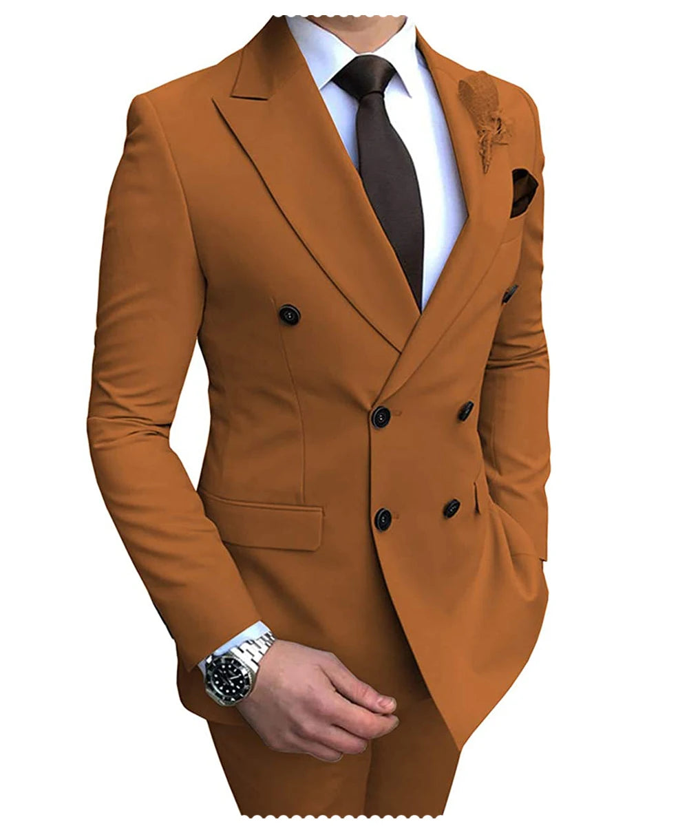 Beige men's 2024 slim-fit suit by Showlu Fashion, featuring a double-breasted blazer and matching pants for formal occasions.