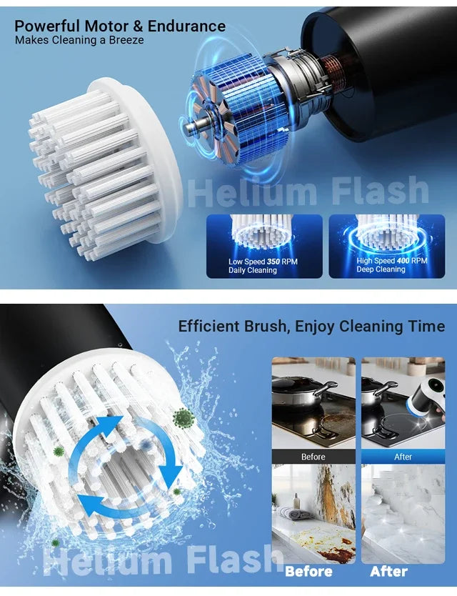 Showlu Smart General cordless electric spin scrubber with 7-in-1 cleaning brush, shown with various attachments for deep cleaning.